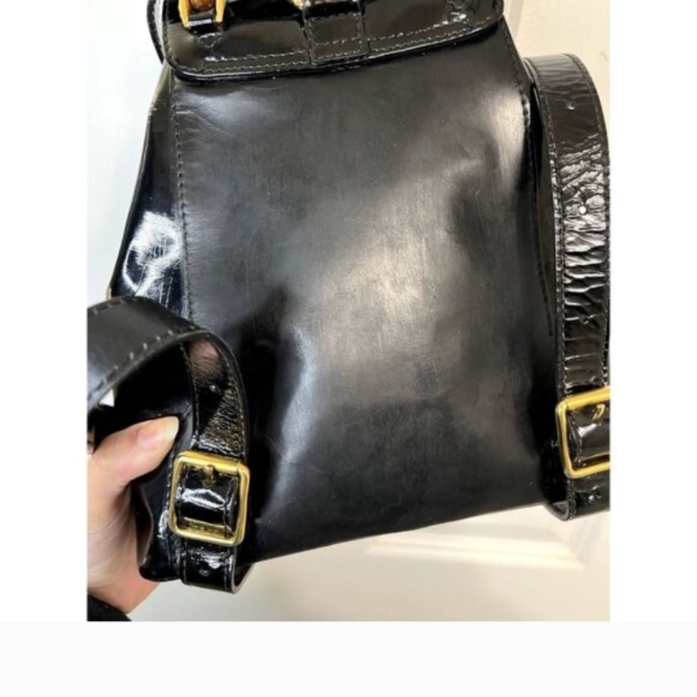 Vintage Gucci Bamboo Handle Black Patent Leather Backpack Y2K - Picture 4 of 14